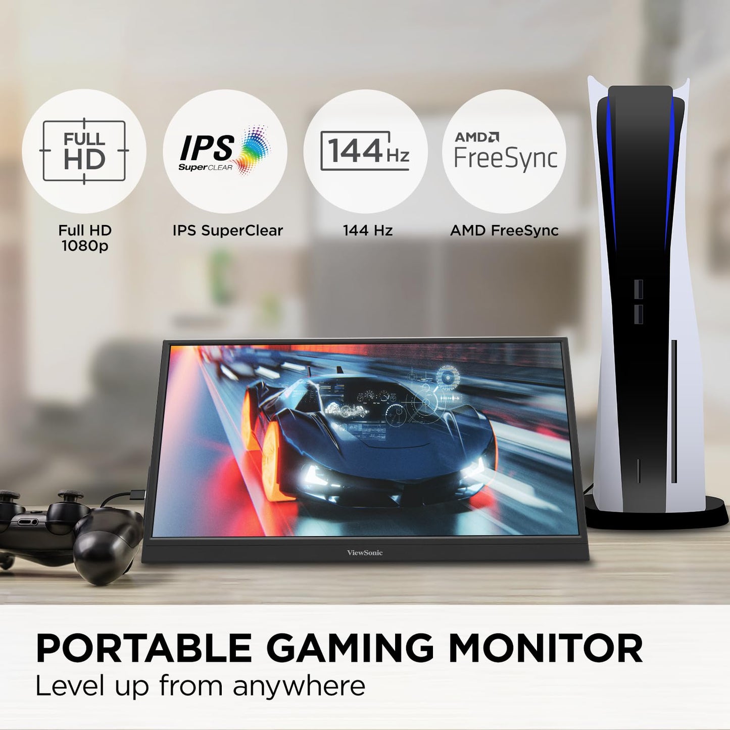 ViewSonic VX1654 16 Inch 1080p Portable Gaming Monitor, IPS Display with 144Hz for Smooth Mobile Workspaces and Fast-Action Gaming, Built-in Stand, 60W USB-C, and Mini HDMI Inputs