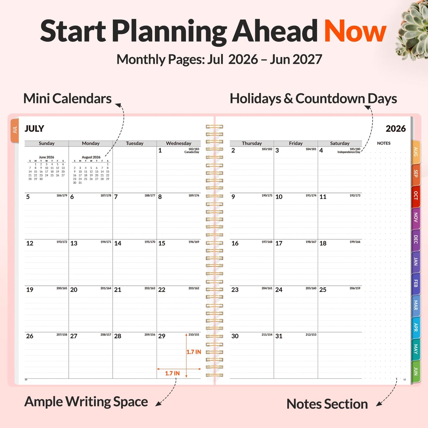 SUNEE Academic Planner 2026-2027 – Weekly & Monthly Planner, July 2026 to June 2027, 8.5"x11", Thick Paper, Tabs, Pockets, Bookmark, Spiral-Bound, Student Teacher Organizer, Pink