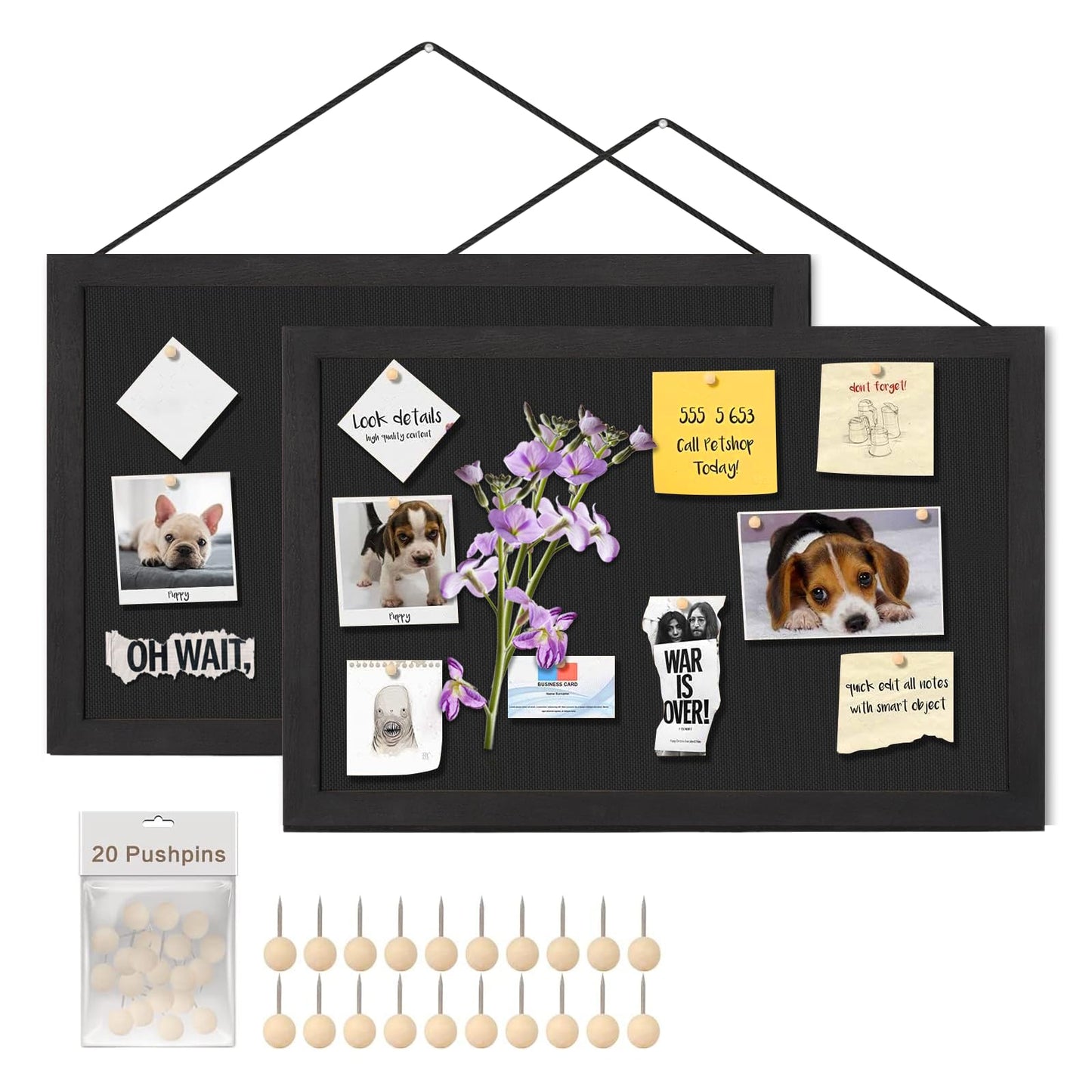 Miratino Bulletin Board Pin Board, 16 "x11 Black Linen Cork Boards for Walls, Wood Framed Display Bulletin Cork Picture Board for Office Room School Bedroom (2-Pack)