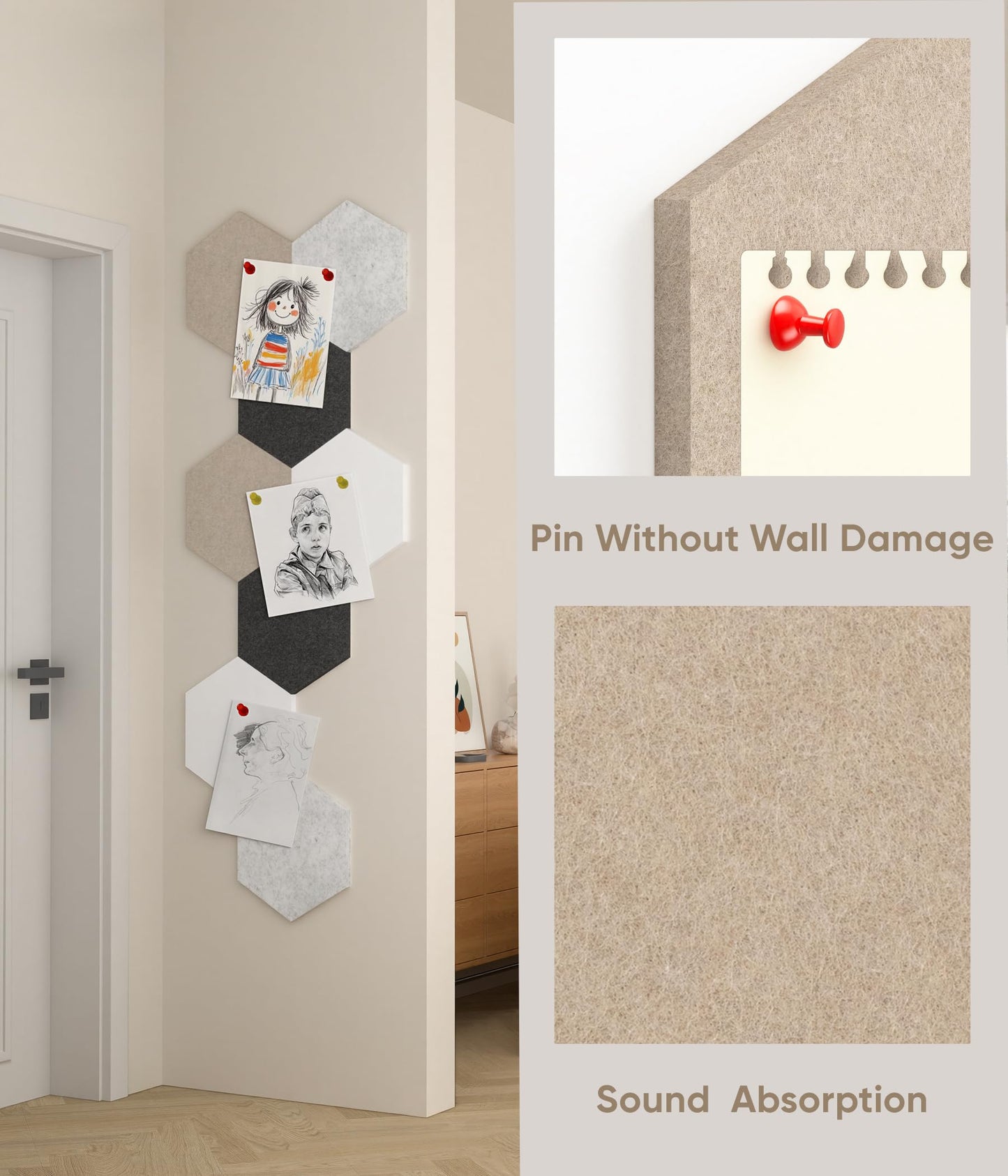Toptople 12 Inch Large Hexagon Cork Board for Walls, 8 Pack Felt Bulletin Board Tiles, Pin Board with Push Pins for Office Photo and Note, Linen Stone
