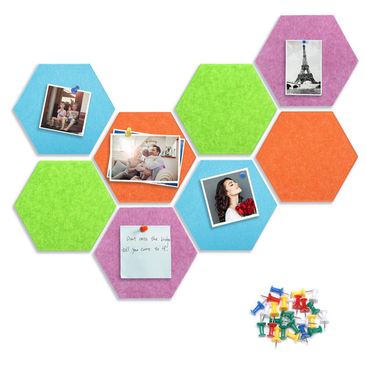 8 Packs Hexagon Felt Pin Board, 12" Bulletin Board with 30 Push Pins, Felt Board for Home Kitchen Office Decor, Self-Adhesive Corkboard Tiles for Walls School Message Photos Memos-Colorful