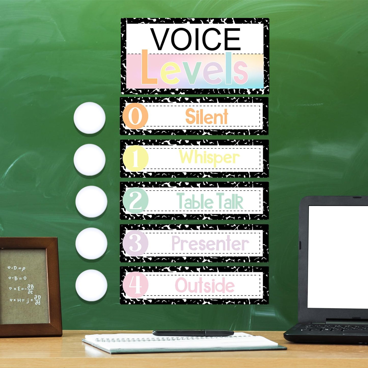 Glooglitter 5 Pcs School Magnetic Voice Level Chart Poster and Push Light Composition Notebook Classroom Decor LED Tap Light Noise Voice Level Sign for Classroom Teachers Back to School Supplies