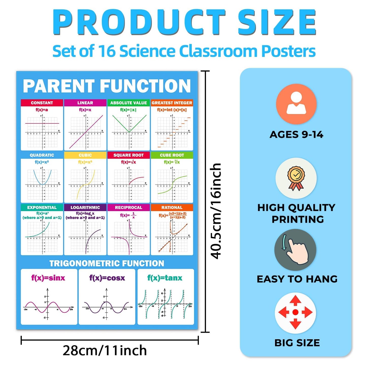 EggSun 16 Pcs Math Posters for School Classroom Decorations, 11 x 16in Poster Charts for Teachers Primary Middle High School Supplies Education Classroom Bulletin Board Wall Decor