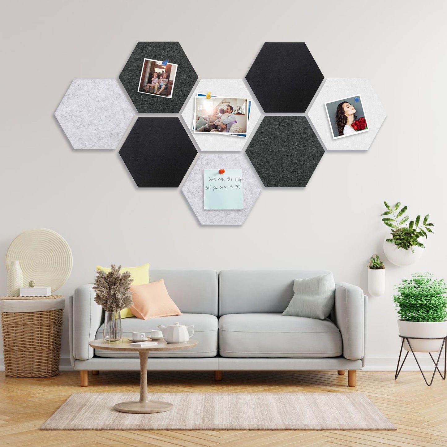8 Packs Black White Gray Hexagon Felt Pin Board, 12" Bulletin Board with 30 Push Pins, Felt Board for Home Kitchen Office Decor, Self-Adhesive Corkboard Tiles for Walls School Message Photos Memos