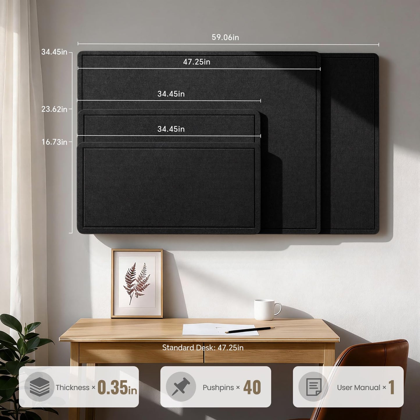 Large Bulletin Board, 60 X 36 Inches Felt Cork Board with 40 Pushpins, Foldable Felt Notice Pin Board Photo Display Board with Self-Adhesive Tape for Office Home School (Black, 35x17 inch)