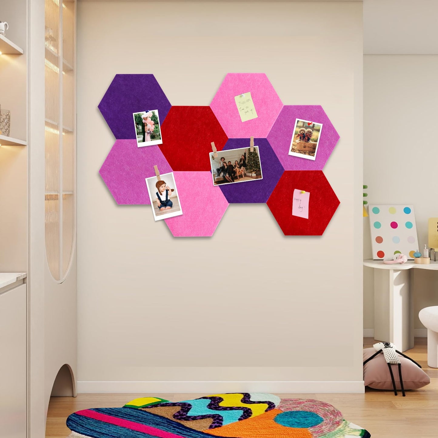 Vuzvuv 8 Pcs Hexagon Bulletin Board with 50 Pushpins & 10 Wooden Clip Pins Adhesive Cork Board for Wall，Felt Pin Board for School，Office Decor（Deep Purple）