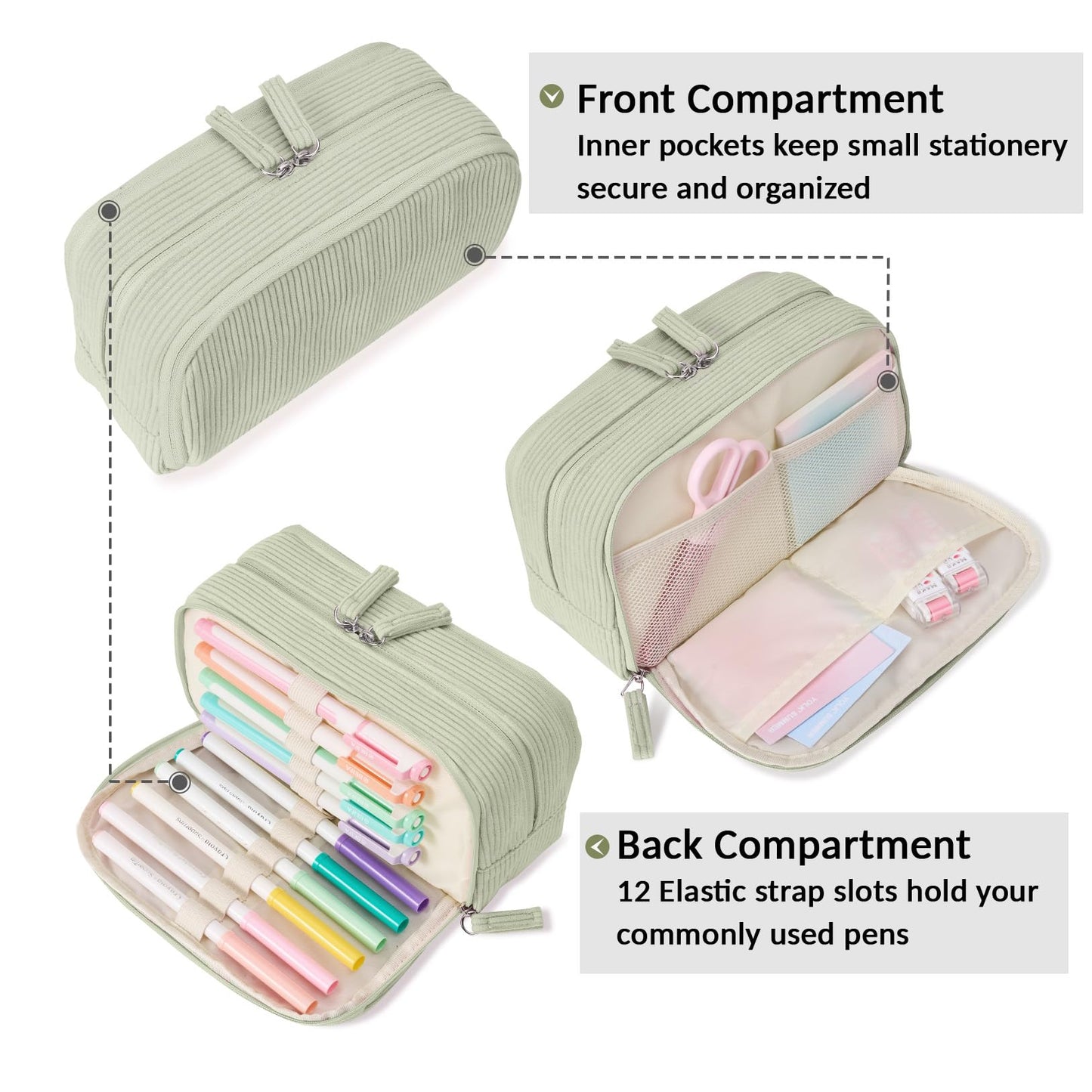 Sooez Big Capacity Pencil Case Pen Pouch, Soft Corduroy Pencil Bag with 3 Compartment, Multiple Pockets, Sturdy Zipper, Cute School Supplies Pen Bag Organizer For Teen Girls College, Green