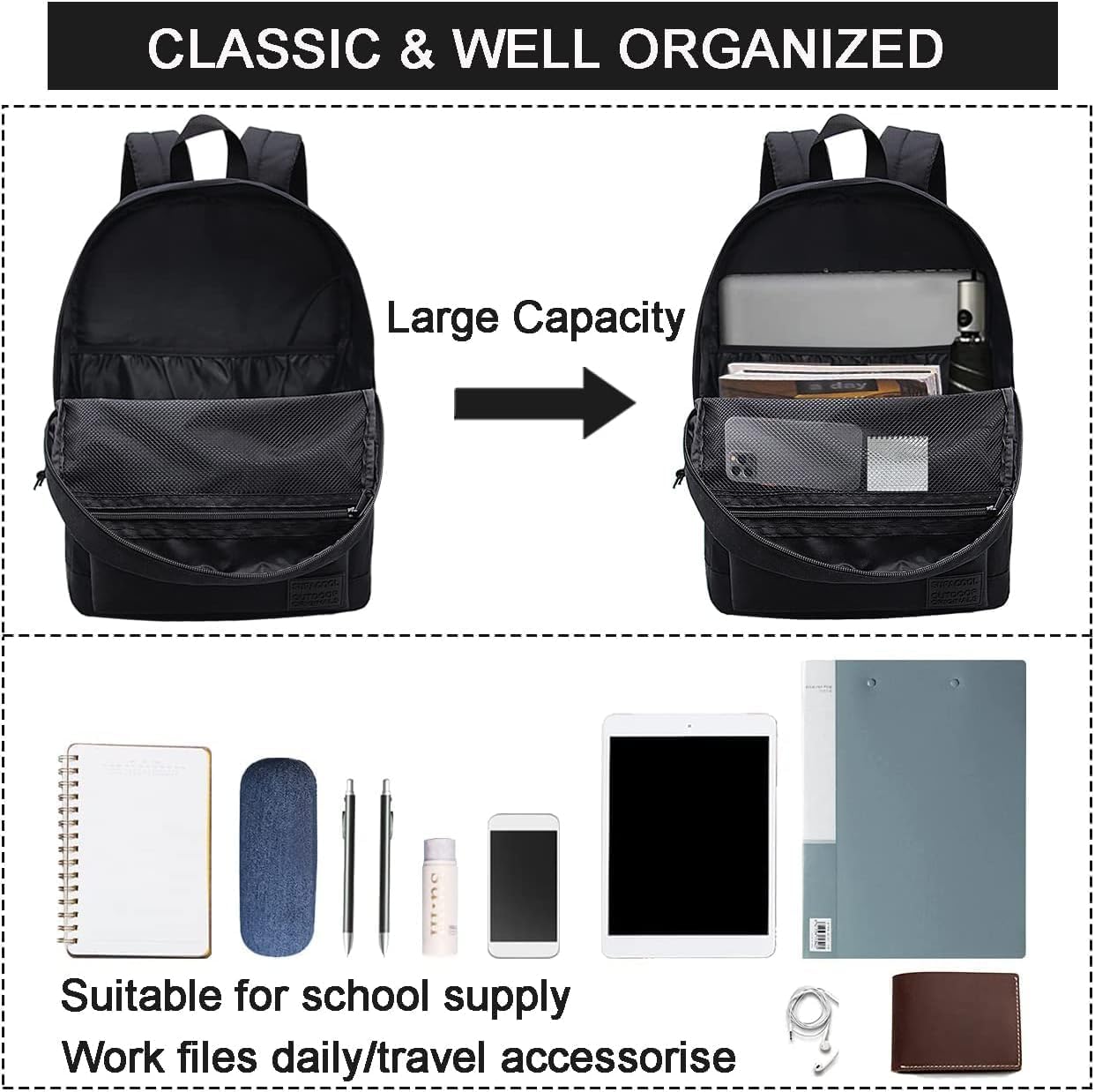 SUPACOOL Casual Laptop Backpack for Men and Women, Work backpack, Black Backpacks, College School Backpack for Boys and Girls, Lightweight Travel Back Pack(Black)
