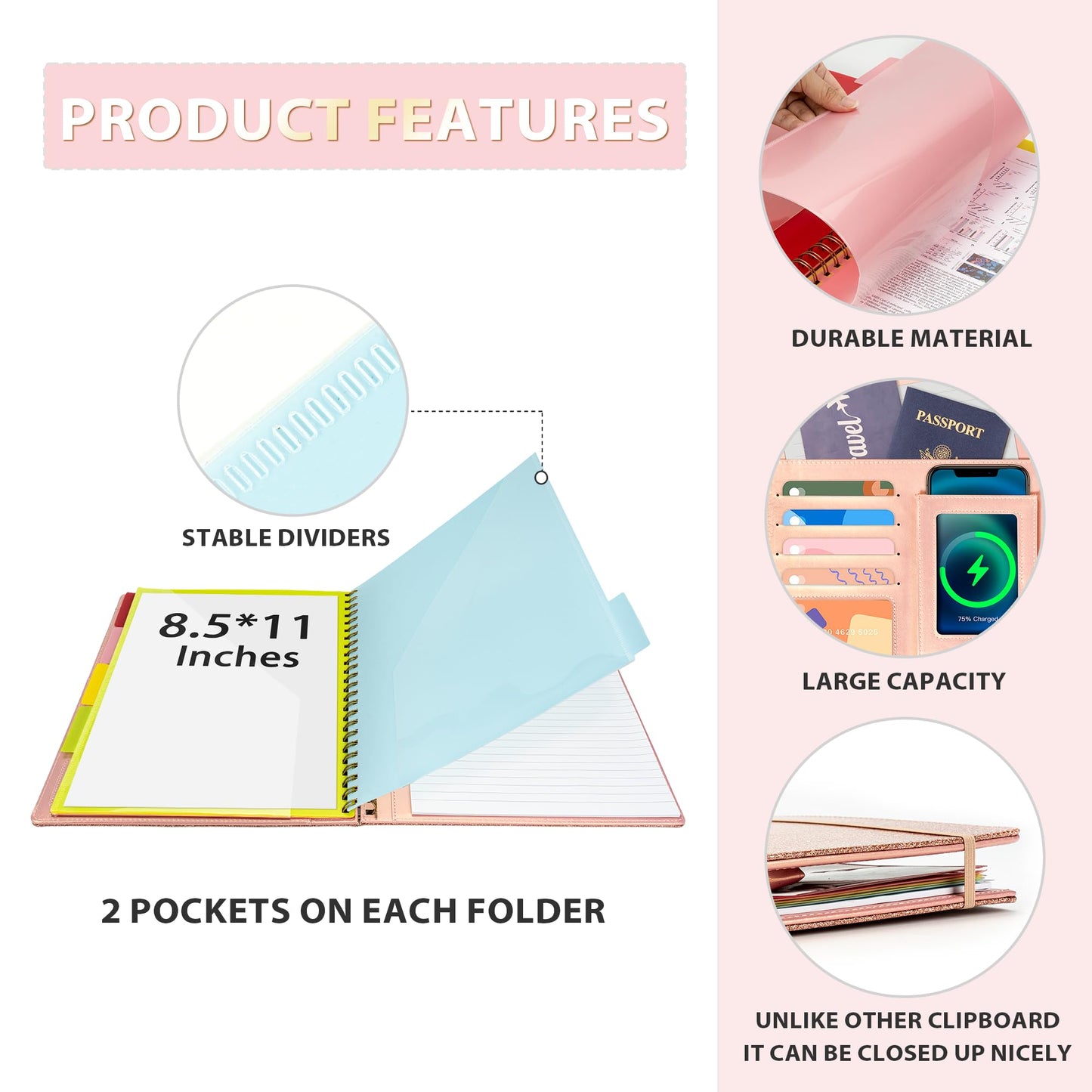Ospelelf Clipboard with Storage for Women, Leather Padfolio Portfolio Organizer 5 Folders with 10 Pockets, Spiral Clipboard Folio with Notepad for Letter Size, Elastic Closure and Pen Loop Rose Gold