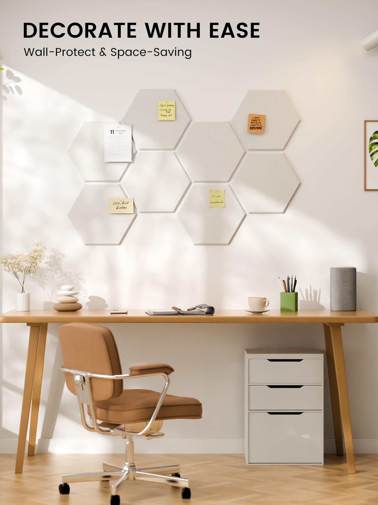 Fluxynara Hexagon Cork Board Alternative for Walls Decor-8-Pack Felt Bulletin Board Tiles,with 30 Pushpins,50 Adhesive Tabs for Office,Classrooms & Home Pin Board Felt Board-Milky White