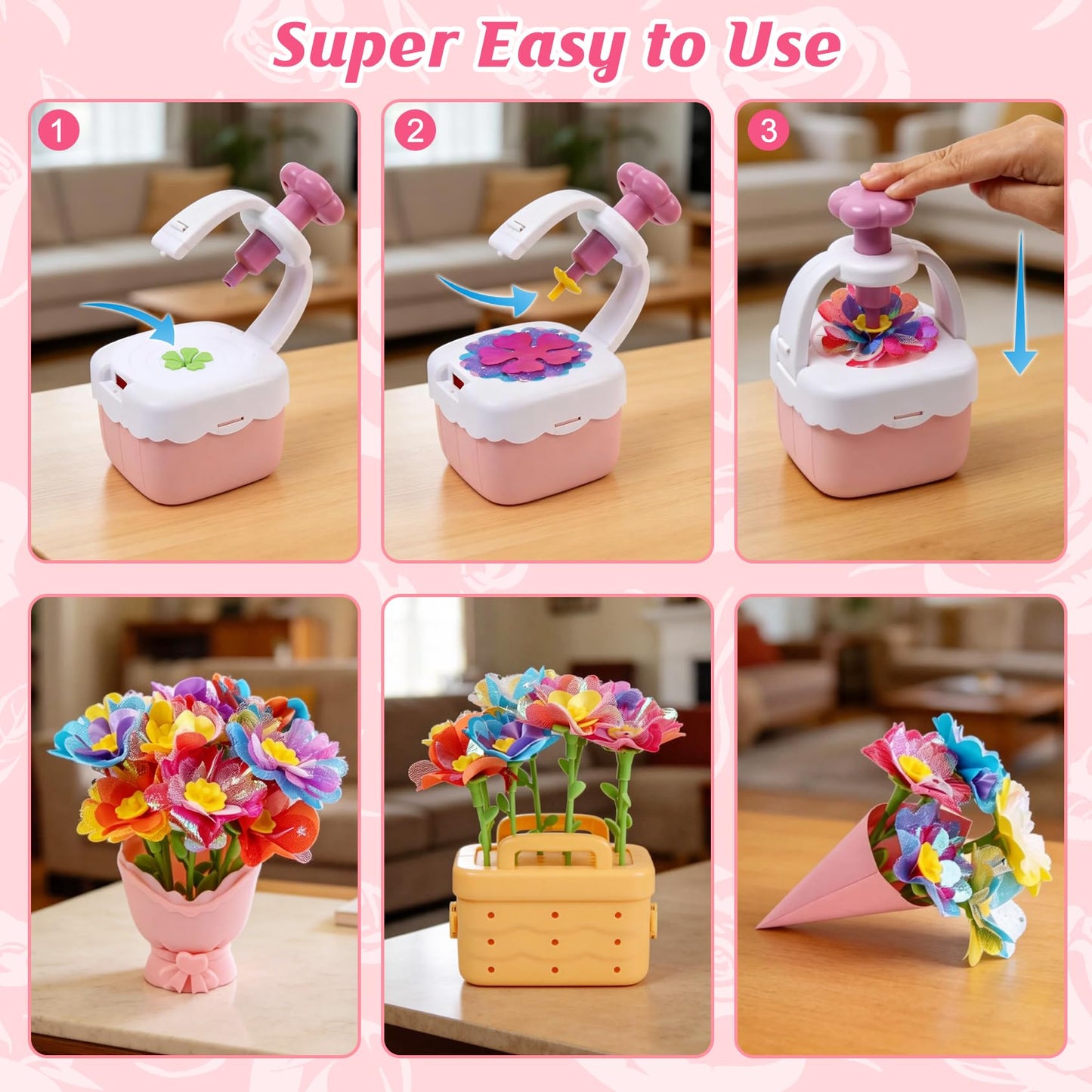IQKidz Flower Bouquets Toy for Girls, DIY Arts and Crafts Kits for Kids Ages 4-6 6-8, STEM Flower Making Set with Storage Box & Basket, Birthday Gift for Age 5-7 8-10 Years Old