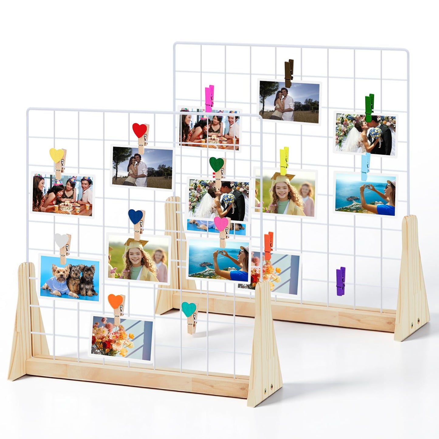 2 Sets Wedding Wall Grid Decorative Panel for Photo Display 19.3x18.5 Inch, Photo Display Panel, Wire Wall Grid, Desk Picture Manager, with 70 Wooden Clips for Shows Crafts Artistic Drawings Photos