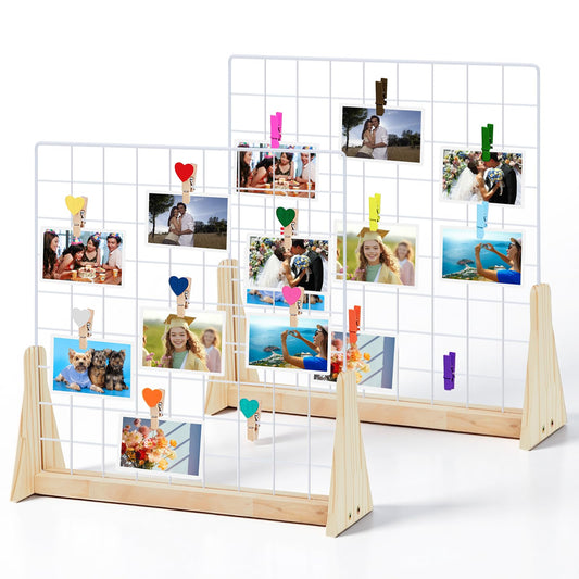 2 Sets Wedding Wall Grid Decorative Panel for Photo Display 19.3x18.5 Inch, Photo Display Panel, Wire Wall Grid, Desk Picture Manager, with 70 Wooden Clips for Shows Crafts Artistic Drawings Photos