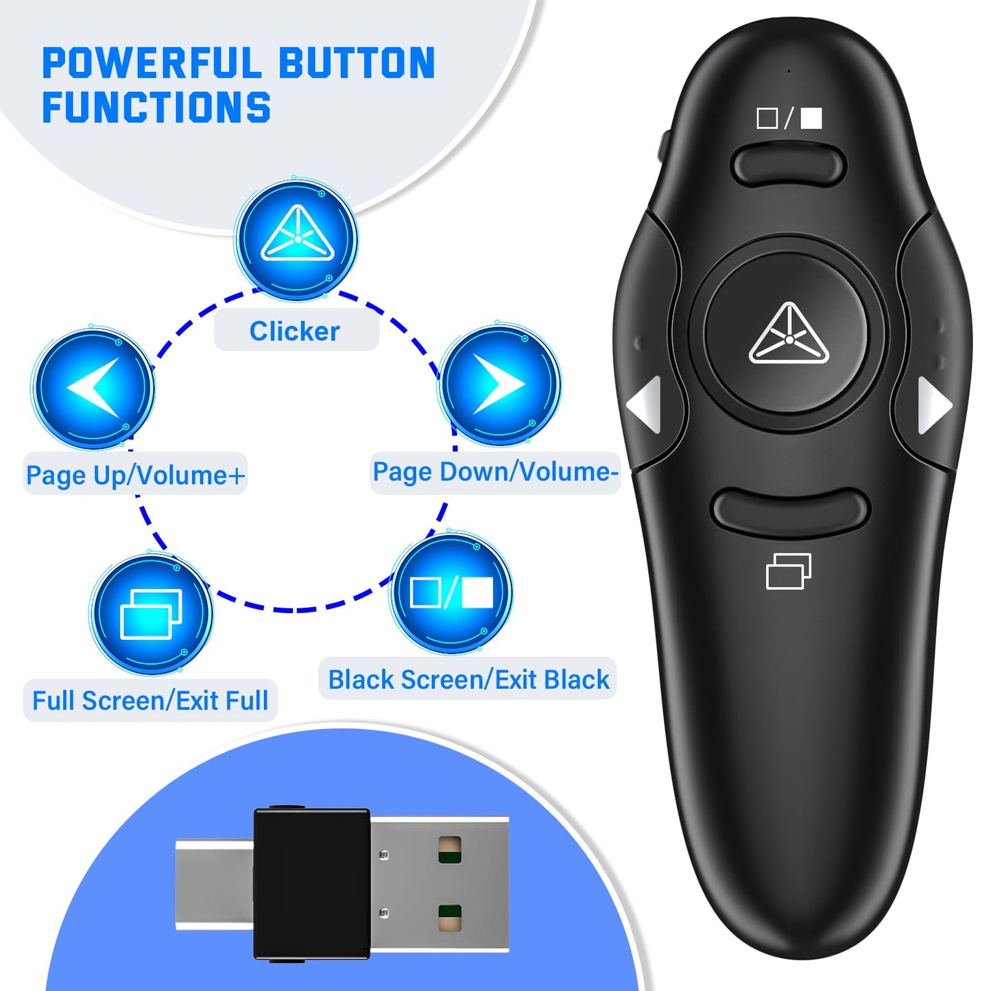 2-in-1 USB Type C Presentation Clicker Wireless Presenter Remote Clicker for PowerPoint Presentations with Clicker, RF 2.4GHz USB C PowerPoint Clicker Slide Advancer for Computer/Mac/Laptop