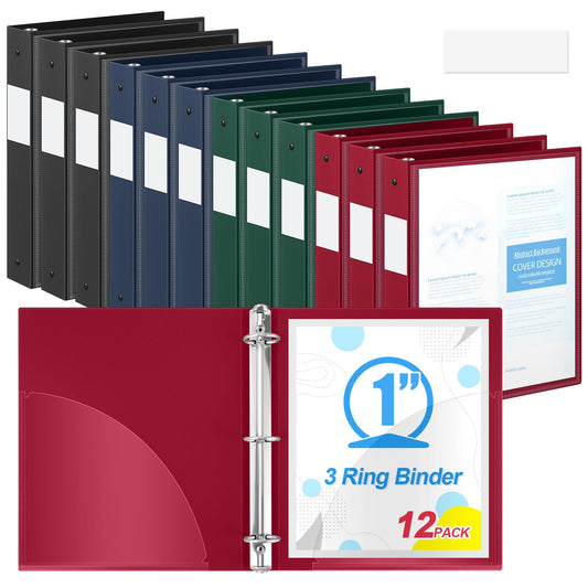 Henoyso 1 Inch 12 Pcs 3 Ring Flexible Colored Binders with Clear Front Cover and 2 Pockets, 8.5 x 11 Plastic Soft Bendable Binders Colorful for School Office, Hold 350 Sheets (Classic Color)