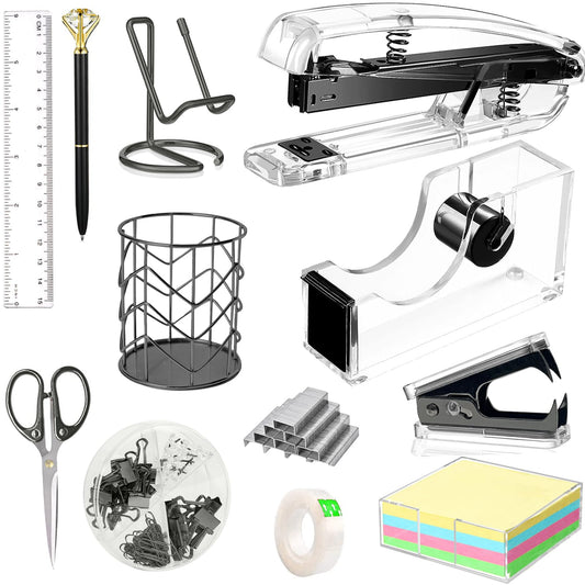 Office Desk Accessories, Acrylic Stapler, Staple Remover, Tape Holder, Pen Holder, Ballpoint Pen, Scissor, Binder Clips, 1000pcs Staples, Phone Holder, Ruler, Transparent Glue and 300 Notes