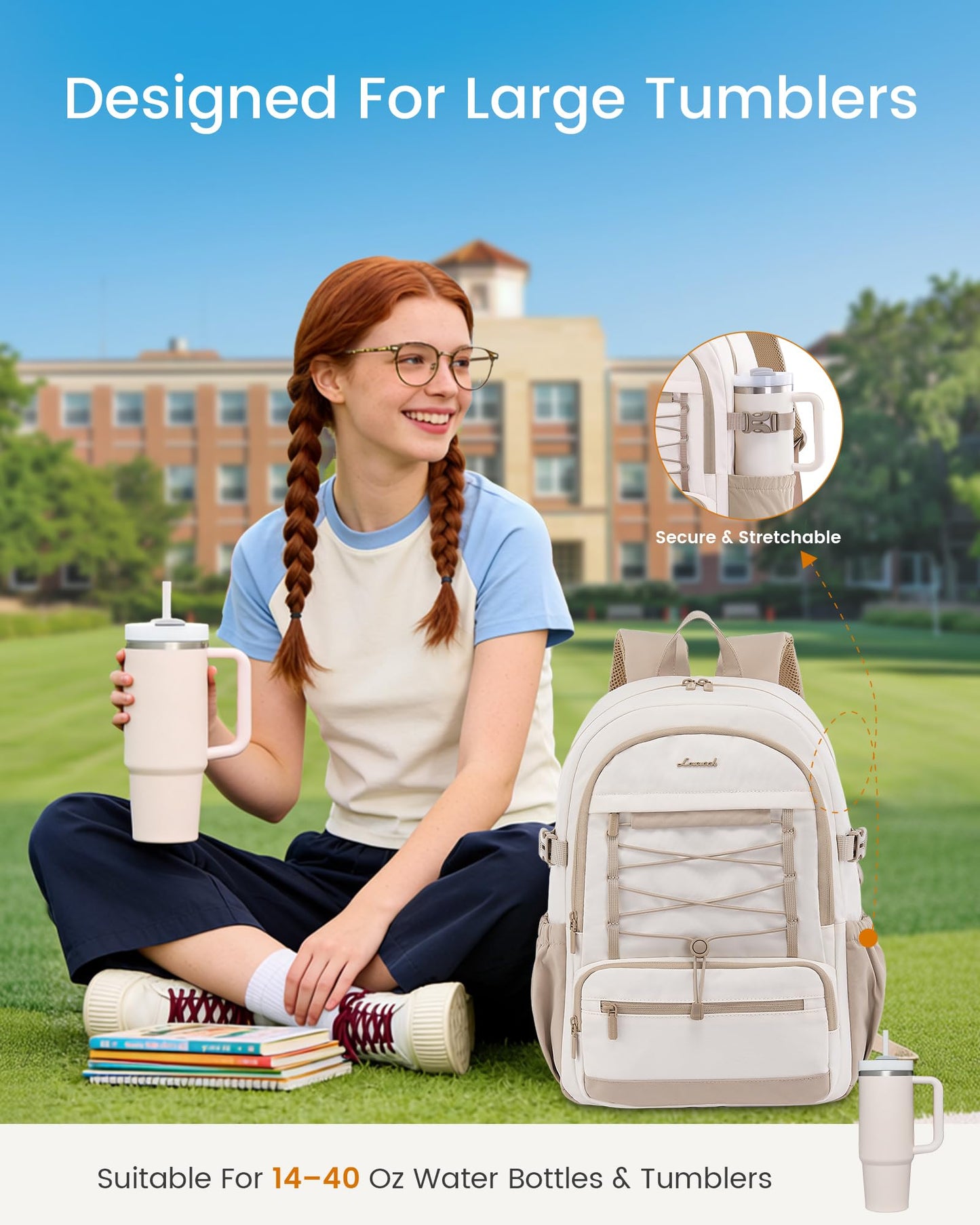 LOVEVOOK School Backpack for Teen Girls, Large Capacity College Bookbag with Water Bottle Holder, Cute Laptop Backpack Purse for Women, Lightweight Daily Backpack, Gift for Her, Off White-Lavender