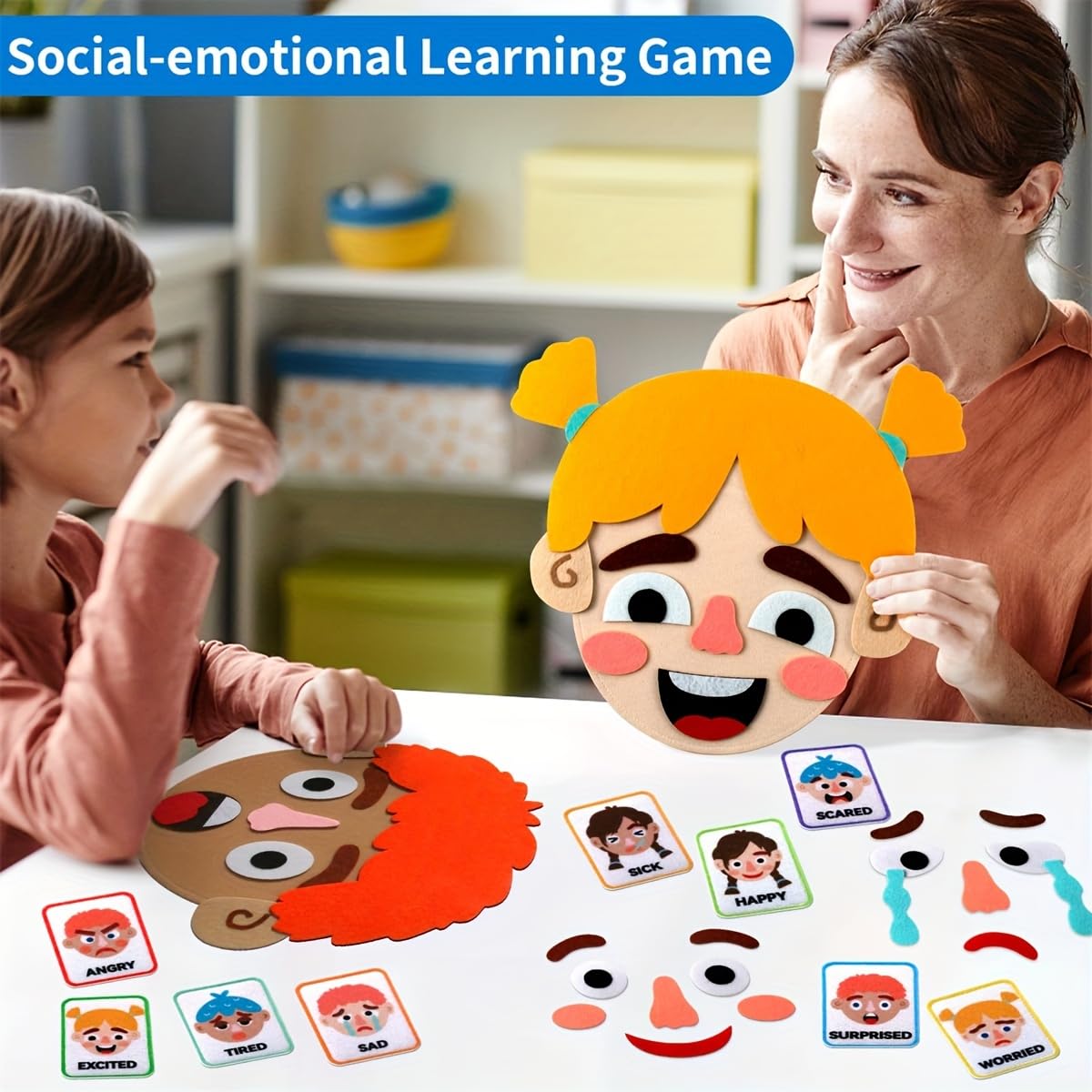 WOBOX 83 Pcs Children's Felt Expression Face DIY Activity Toy, Children's Social Emotional Learning Activity Expression Board Emotional Expression, Educational Puzzle Game Early Education
