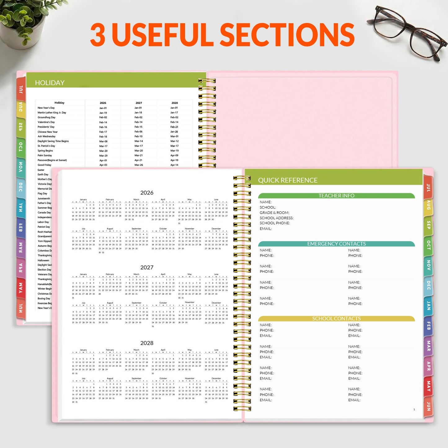 SUNEE Teacher Planner 2026-2027 Academic Year, Lite Lesson Planner Book with 7 Periods Jul 2026 - Jun 2027, 8.5"x11" Daily Weekly and Monthly Organizers, Plan Book with Pocket Folder, Color Tabs,Pink