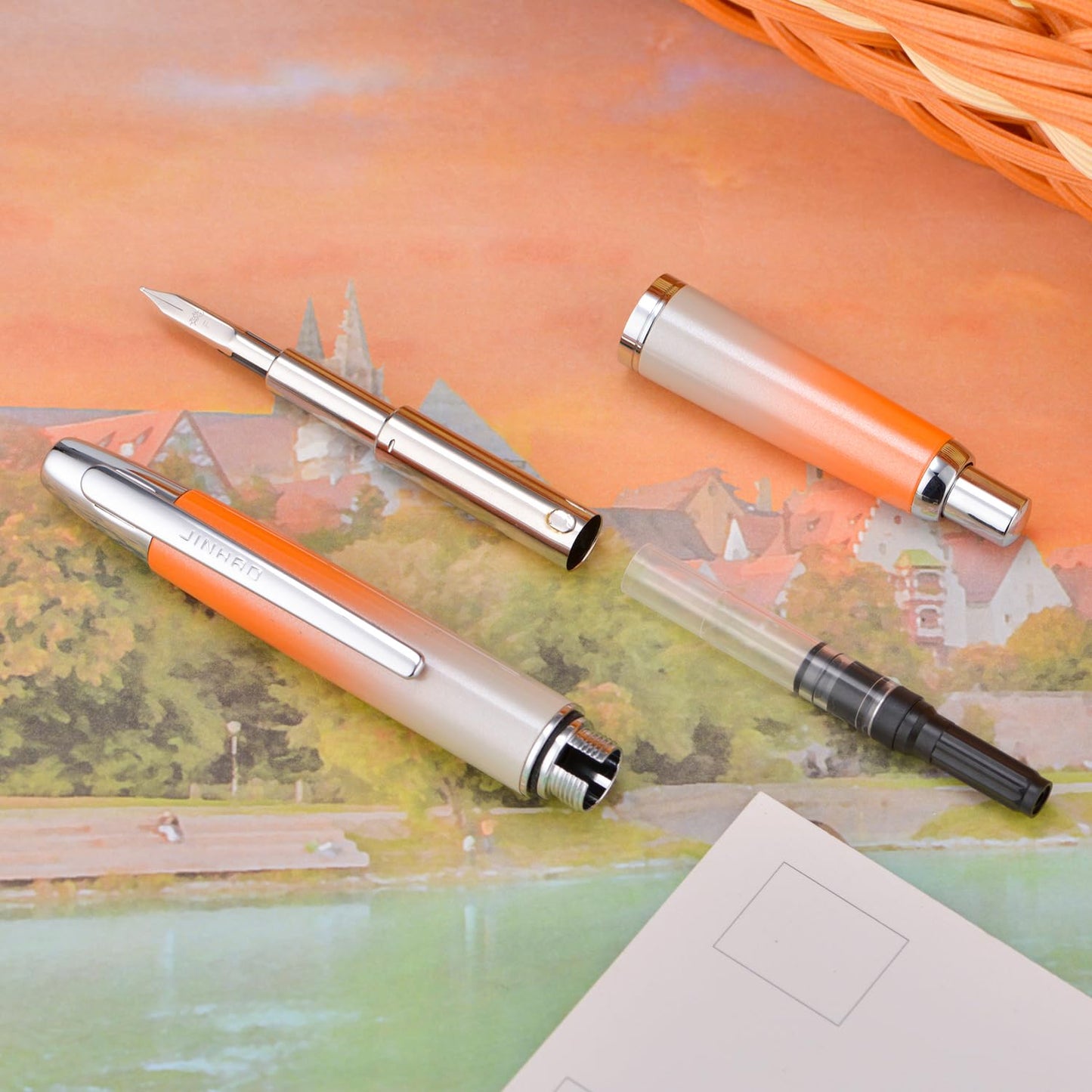 Jinhao 10 Press Fountain Pen with Box, Gradient Light Orange Retractable Extra Fine Nib with Ink Converter Set (Silver Clip)