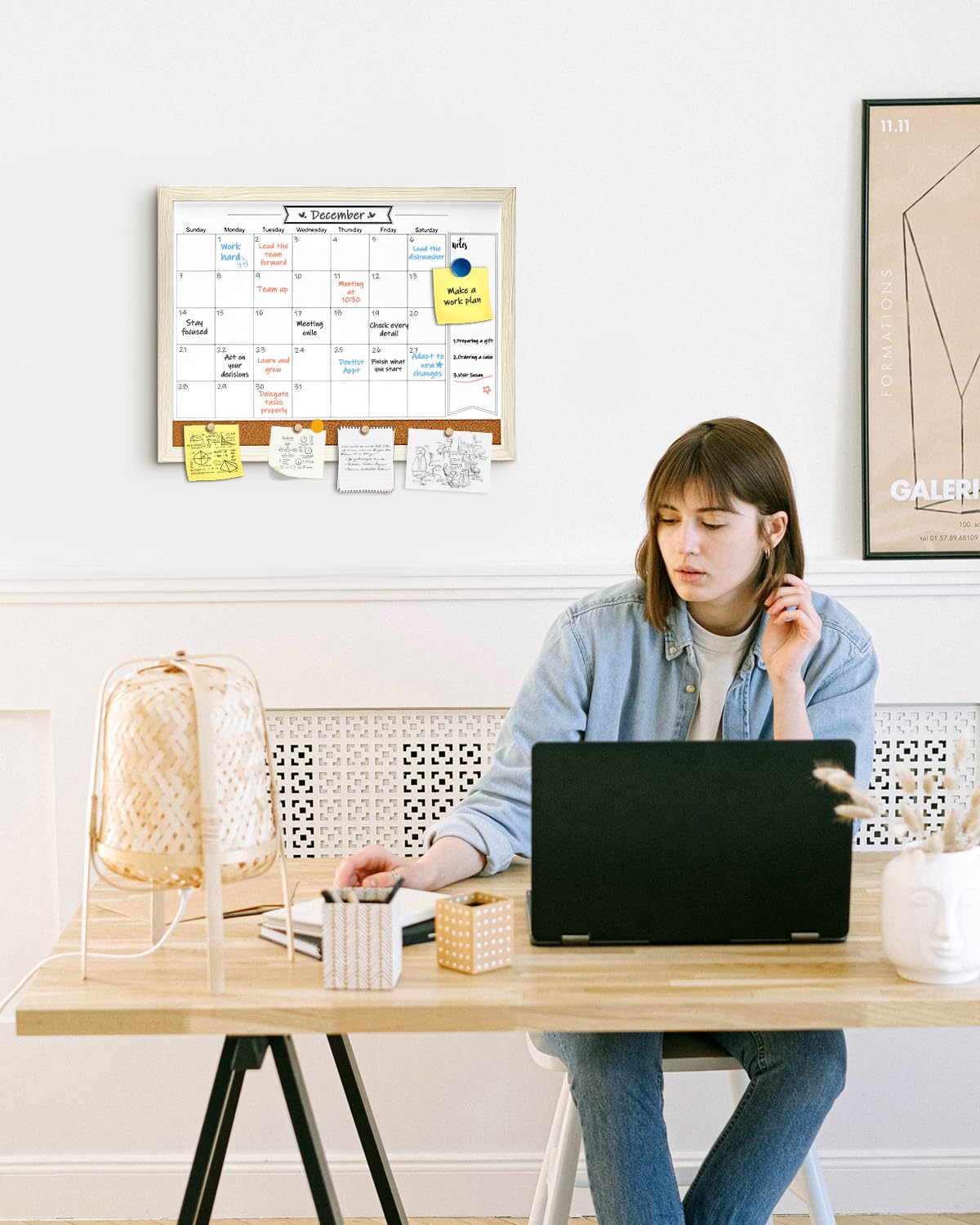Dry Erase Calendar Whiteboard for Wall, Small Combination Magnetic Dry Erase White Board & Bulletin Board, 13" x 17"，White Frame Calendar/Cork Combo Board(WH-3343)
