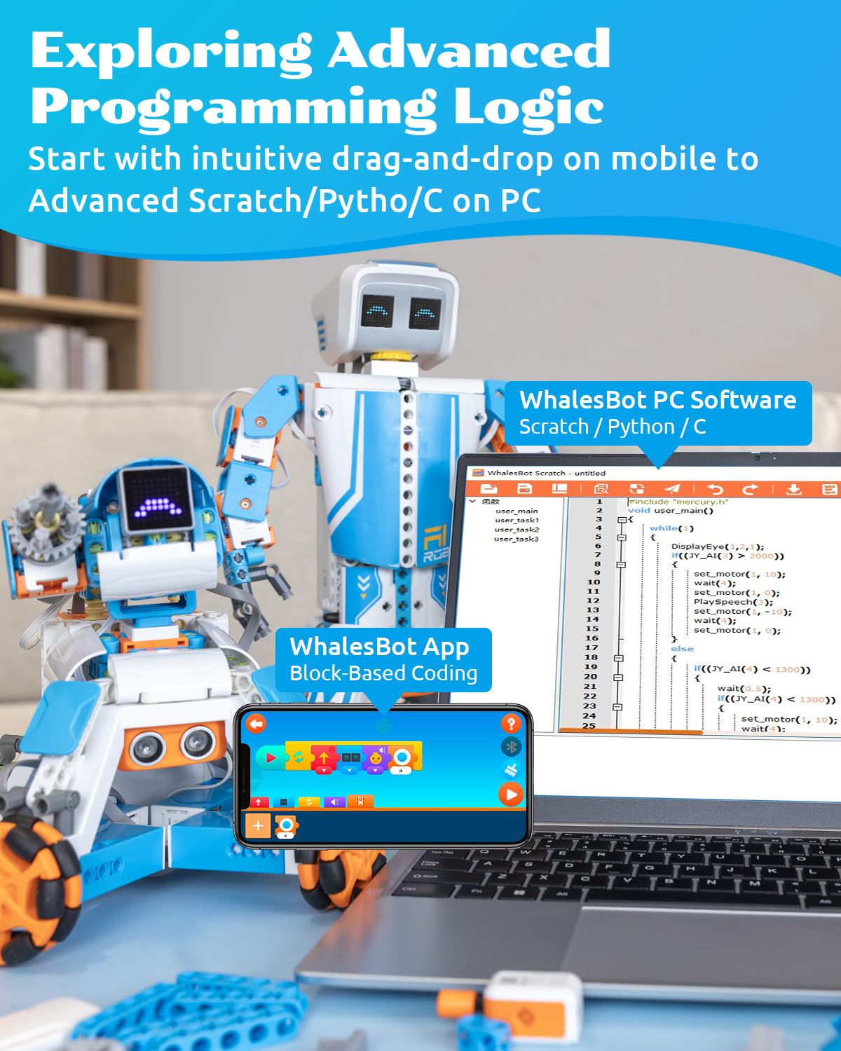 WhalesBot E9 Pro Robot Engineering Building Kit for Educators with 12 Servo Motor Joints, Learn Scratch & Python Programming, STEM Educational Science Kits for Teens Boys & Girls 12-18