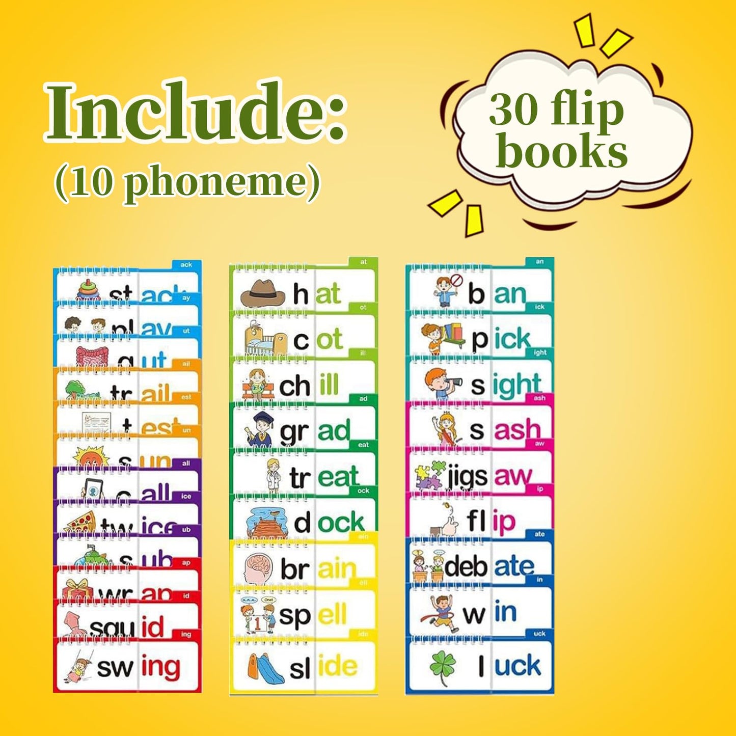 30 Read Word Families, Sight Words, ABC Phonics Flash Cards,Reading Learning Set, Educational Games for Kindergarten