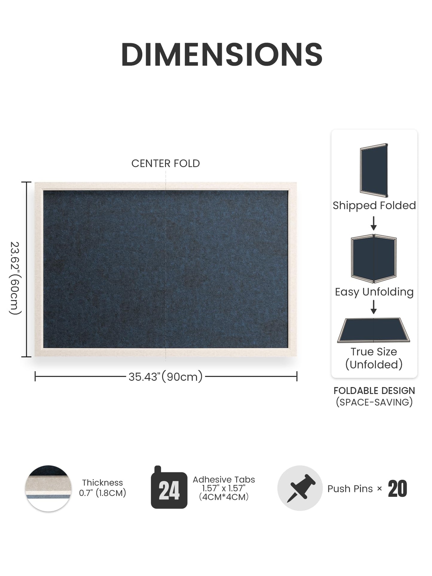 Fluxynara Foldable Cork Board Alternative, Felt Bulletin Board 35.4" x 23.6" Oatmeal Frame with 24 Adhesive Tabs, Pin Board for Home Office, Classroom, Entryway, Kitchen Wall Decor—Navy Blue