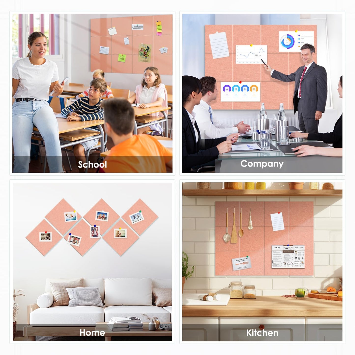 Large Cork Board for Walls 48"x36" |Cork Board Alternative| 12 Pack Felt Wall Tiles| Pink Bulletin Board with Removable Adhesive | Cork Boards Pinboard for Office Home Classroom，Pink