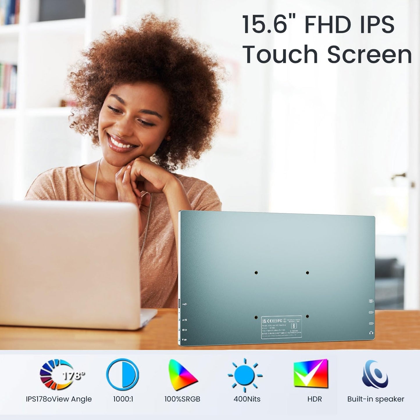 Prechen 15.6'' Touchscreen Portable Monitor, FHD IPS Display with Built-in Speaker & Protective Case, 10-Point Touch Screen, HDMI & USB-C Travel Monitors for Laptop, PC, Phone,Metal Gray + White