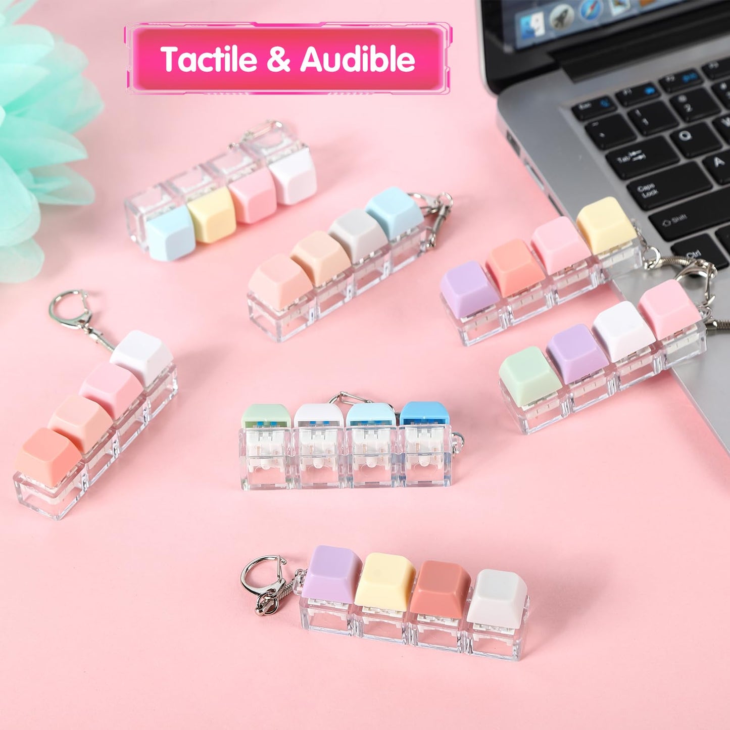 yisncka 12 Pcs Keyboard Fidget Keychain Keycap Stress Relief Fidget Keyboard Clicker for Office Gifts Adults ( 4 keys )