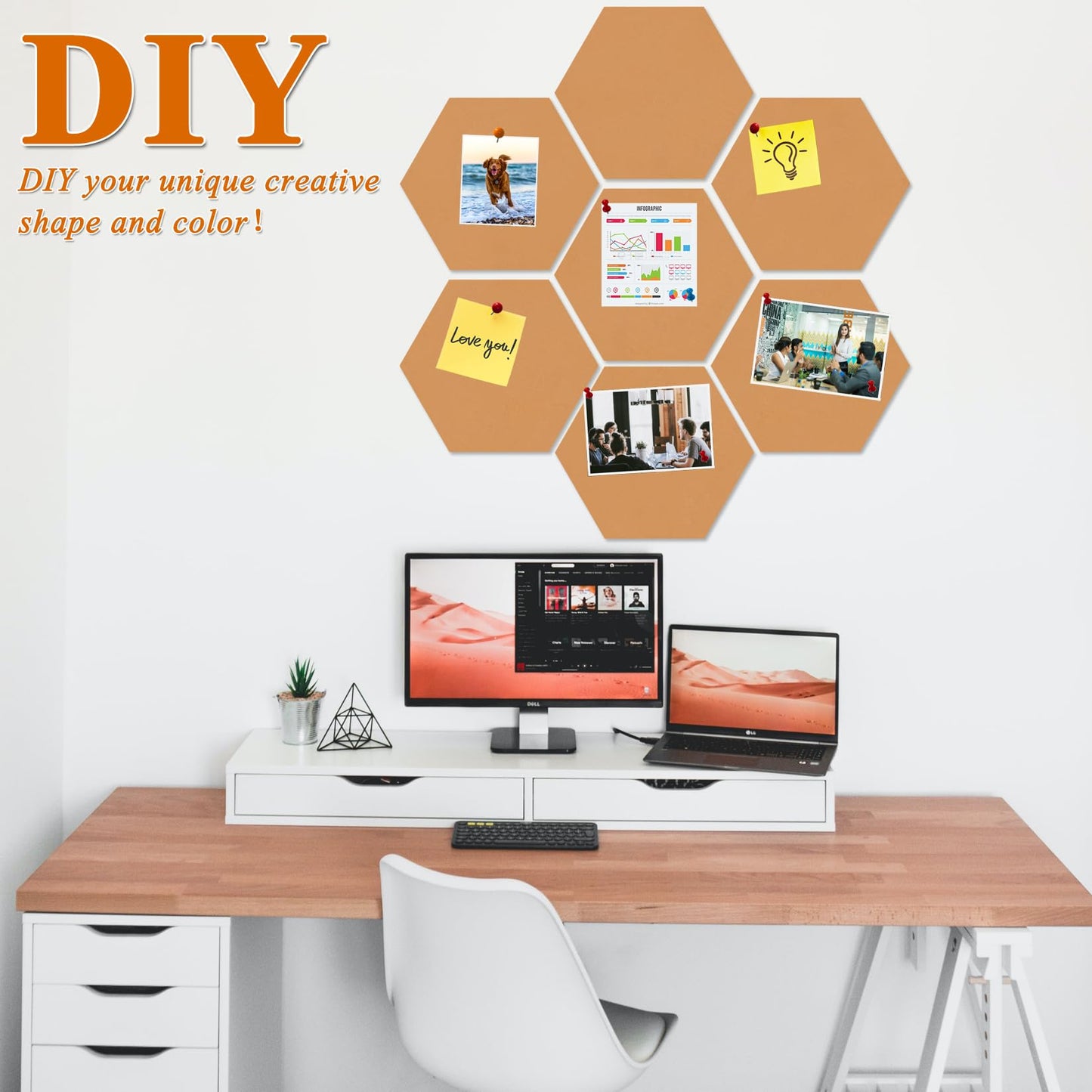 HULAVO Large Hexagon Felt Cork Board Tiles, Self Adhesive DIY Felt Bulletin Board Pin Board with 35 Pushpins for Office School Home Wall Decor Stickers Memos Photos Display(Deep Camel)