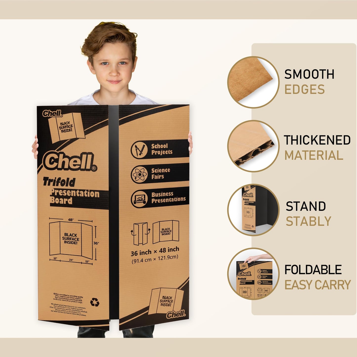 Chell 36" x 48" Large Trifold Poster Board, 2 Pack, Black Corrugated Project Boards for Science Fair, School Projects, Event Displays and Business Presentations