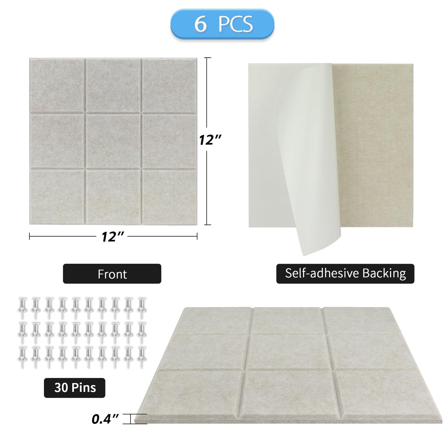 BXI Felt Bulletin Board - 12 X 12 X 0.4 Inches 6 Pcs Self-Adhesive Poster Cork Board with 30 Push Pins, Thick Pin Tiles Display Vision Board, Photo Picture Panels for Home Office Classroom Walls