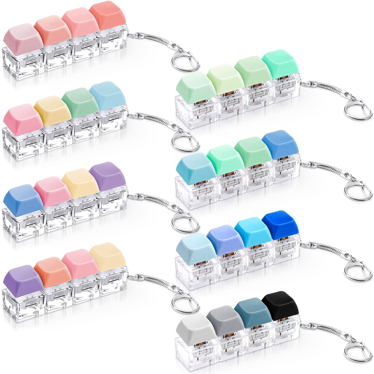 Halloscume 8 Pcs Silent and Click Sound Keyboard Adult Fidget Clicker Toy 4-in-1 Keyboard Fidget Keychain Cube Mechanical Key Button Clicker Stress Relief Gift for Office School Home to Pass the Time