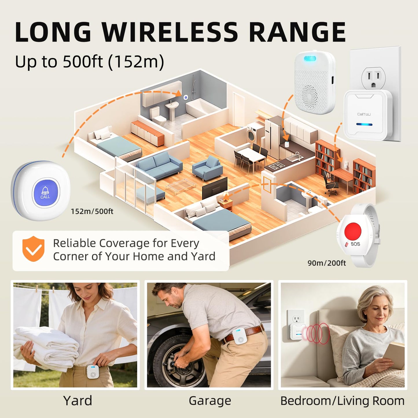 CallToU Caregiver Pager Wireless Call Button for Elderly/Senior,2026 New Version Pager with Vibration & Rechargeable,Nurse Alert System for Home Care Seniors (2 Pager and 2 Button)