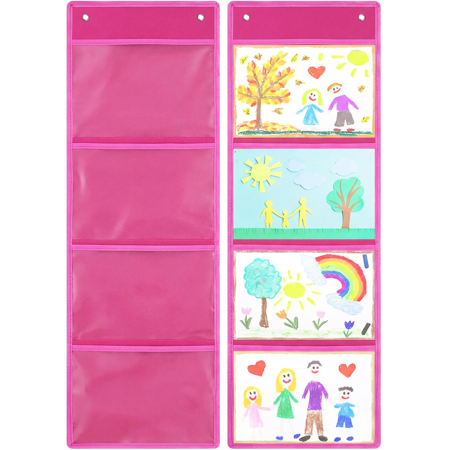 Watersay 2 Pcs Storage Pocket Chart for Classroom 37.4 x 13 in, 4 Pockets Hanging Wall File Organizer for Cards, Drawing, Pictures, Class Demonstrations, Homework, Teacher Office Organization (Pink)