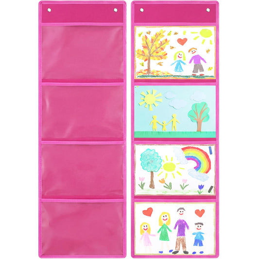 Watersay 2 Pcs Storage Pocket Chart for Classroom 37.4 x 13 in, 4 Pockets Hanging Wall File Organizer for Cards, Drawing, Pictures, Class Demonstrations, Homework, Teacher Office Organization (Pink)