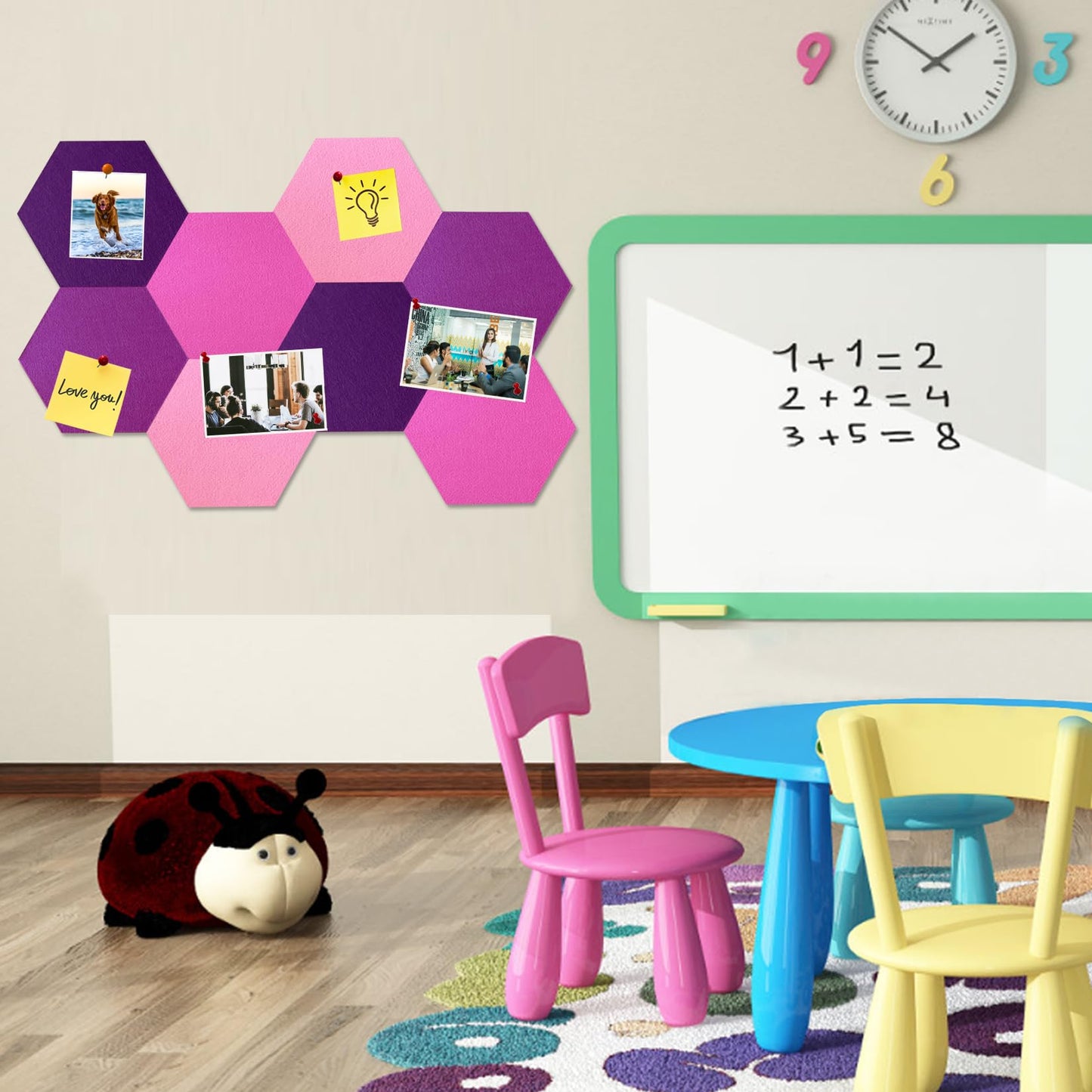HULAVO Large Hexagon Felt Cork Board Tiles, Self Adhesive DIY Felt Bulletin Board Pin Board with 35 Pushpins for Office School Home Wall Decor Stickers Memos Photos Display(Deep Purple+Pink)
