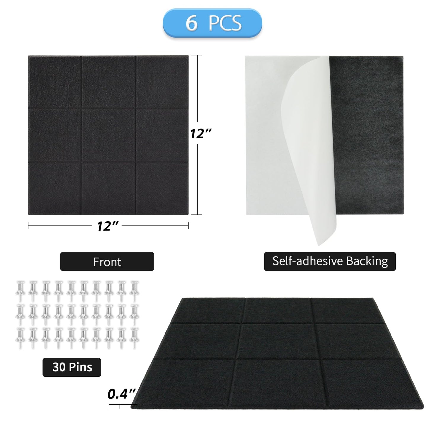 BXI Felt Bulletin Board - 12 X 12 X 0.4 Inches 6 Pcs Self-Adhesive Poster Cork Board with 30 Push Pins, Thick Pin Tiles Display Vision Board, Photo Picture Panels for Home Office Classroom Walls