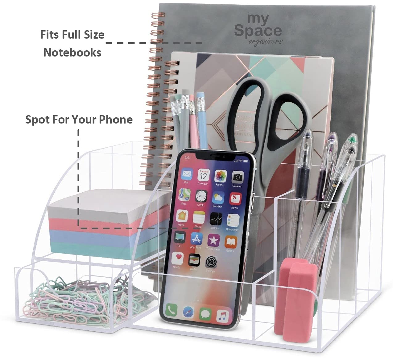 My Space Organizers Clear Acrylic Desk Oganizer, 9 Compartments, Office Supplies and Desk Accessories Organizer, Home Decor Desktop Organizer (Clear)