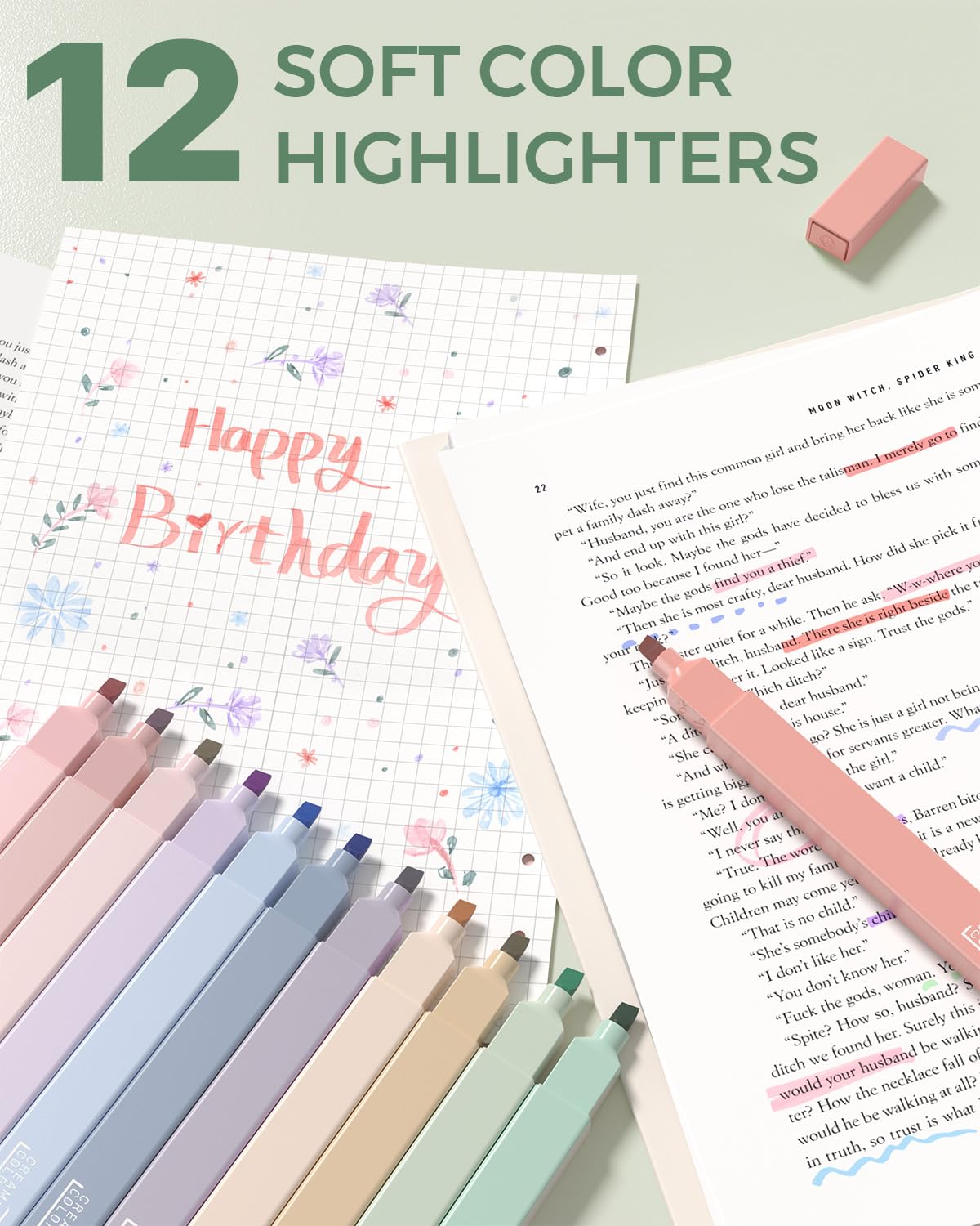 Four Candies 56 PCS Stationery Set, Cute Organizer with Supplies, 6 Multicolor Pens, 12 Pastel Highlighters, 5 Gel Pens Black Ink, 9 Mechanical Pencils for College Essentials Stuff (Green)