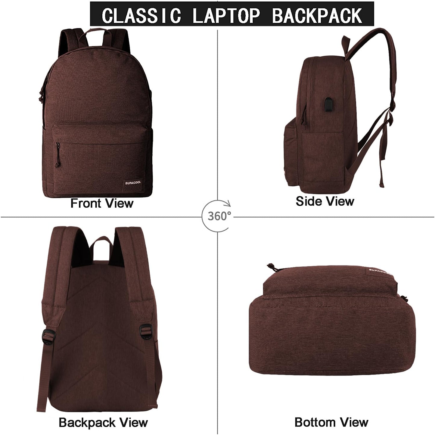 SUPACOOL Casual Laptop Backpack for Men and Women, Backpack with USB Charging Port(Coffee set)