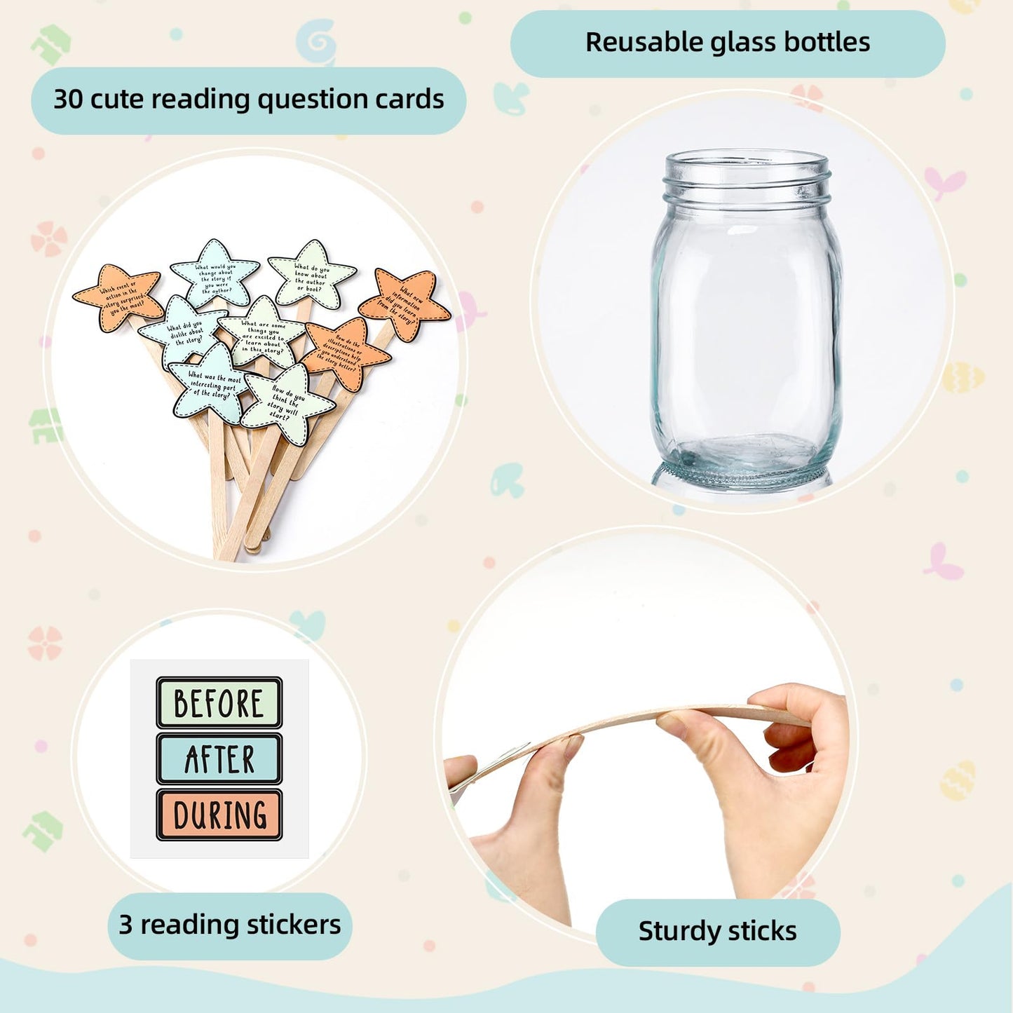 Eaasty 33 Pcs Reading Comprehension Game Classroom Management Supplies Bottle with Sticker Question Card Classroom Readings Tool Elementary Kindergarten Decor Before During After Reading Teacher