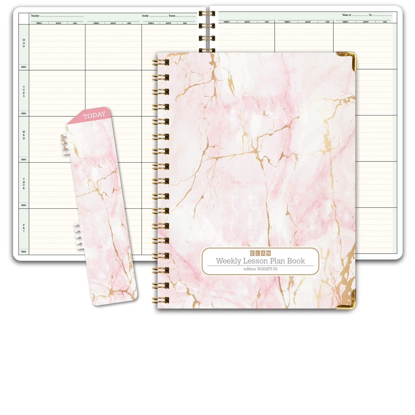 Elan Publishing Company HARDCOVER 6 Period Teacher Lesson Plan - Days Vertically Down The Side with Bonus Clip-in Bookmark (Pink Marble)
