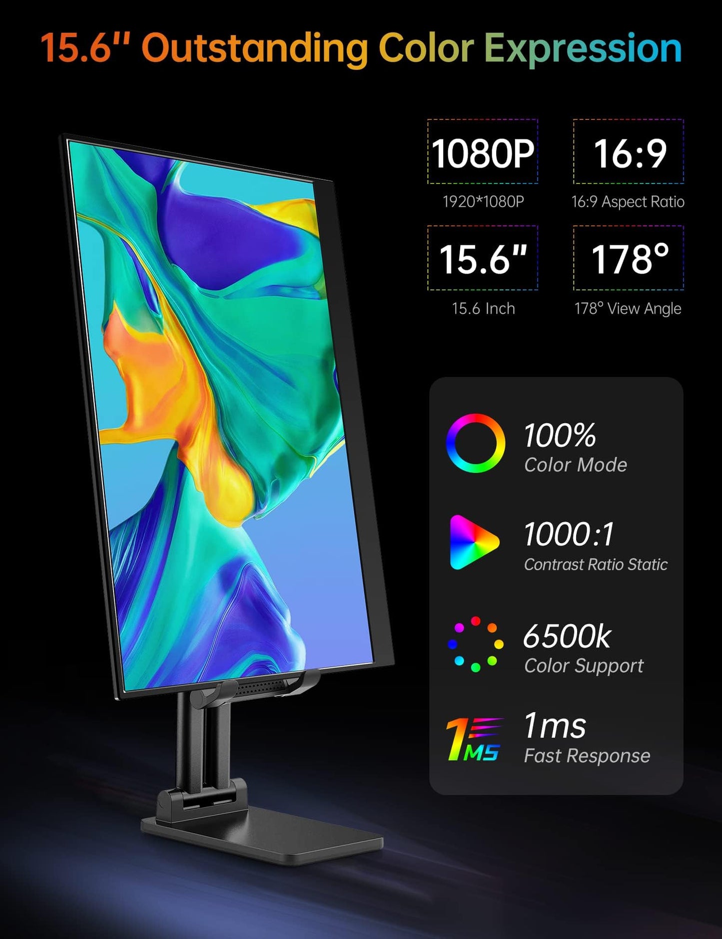 VILVA Portable-Monitor-for-Lapto - 15.6'' 1080P FHD IPS Display USB-C HDMI Portable Monitor for Laptop with Cover and Speakers External Monitor for Laptop/PC/Mac/Phone/Xbox Switch/PS4/