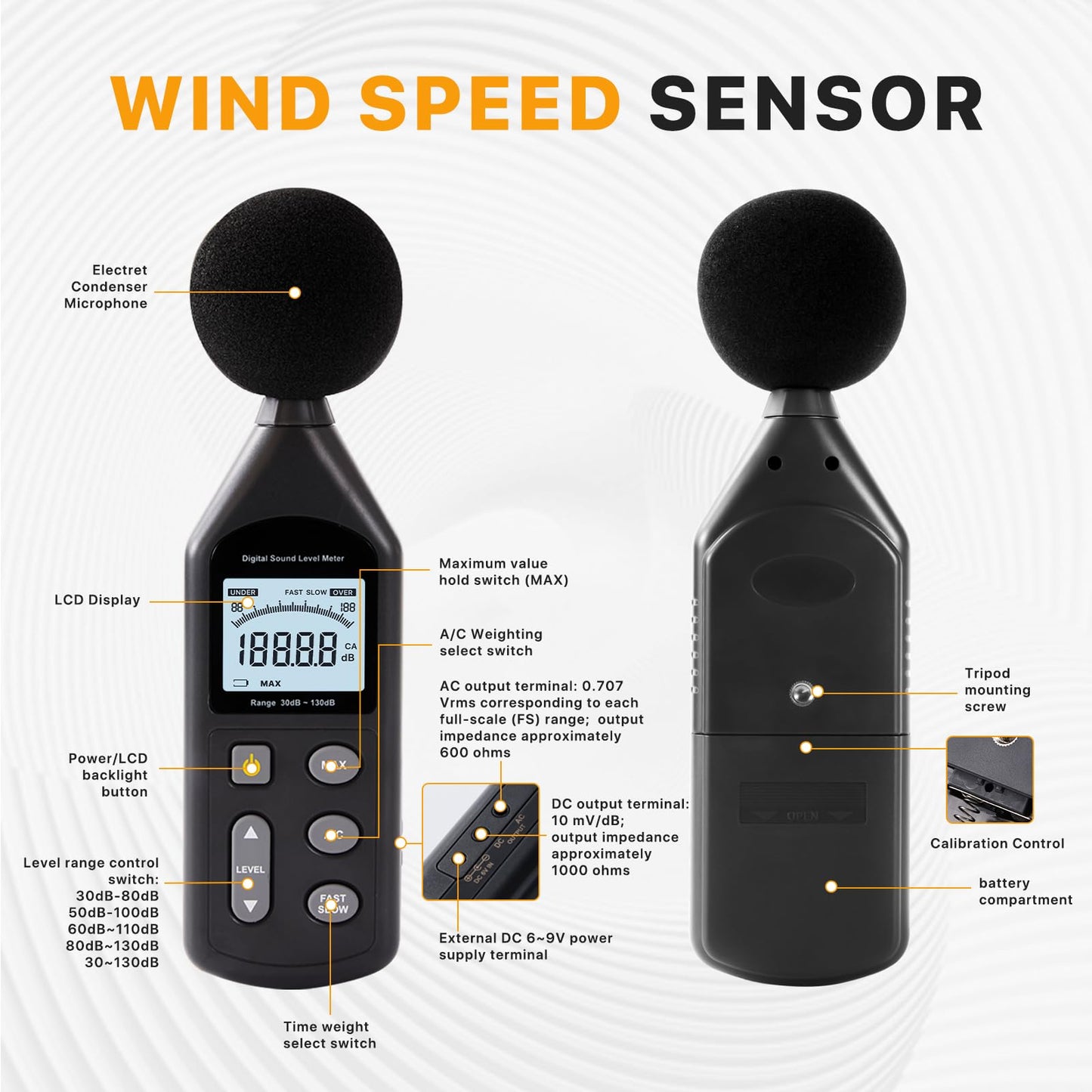 Digvliy DB-01 Decibel Meter, Professional Sound Decibel Meter with A/C Weighting, Fast/Slow Response, 30-130dB Range,for Home, Office, Factory, Noisy Neighbors
