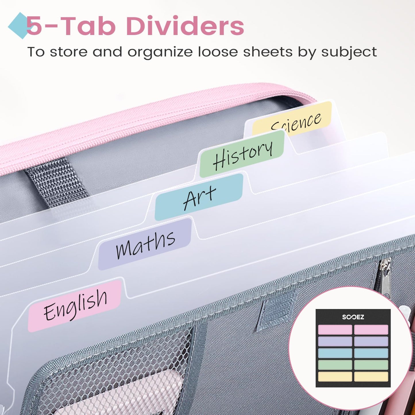 Sooez Zipper Binder Bag, 1 Inch Binders 3 Ring O-Ring, 5-Tab Dividers Expanding File Folder, 500-Sheet Capacity Three Ring Binder, Gray