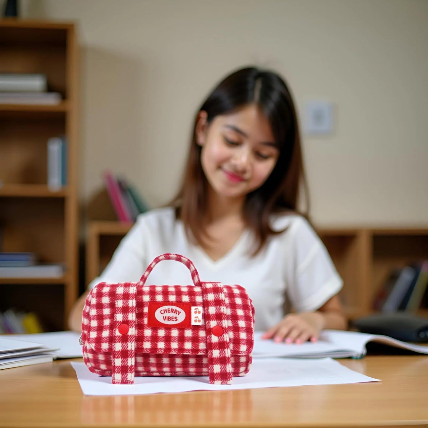 Haumei Cute Checkered Pencil Case, Red White Plaid, Large Capacity Gingham Pattern Pen Bag with Handle, Big Stationery Organizer, Multi-Use Storage Pouch, 8.7x1.6x4.7 Inches, Red