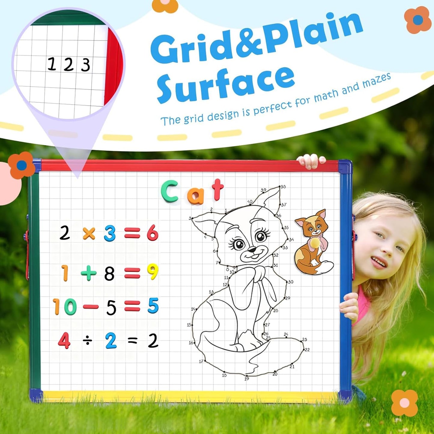 SWANCROWN Magnetic Board for Kids - Tabletop White Board for Children- 24x18 Inch Double Sided Foldable Dry Erase Board Standing with 82Pcs Alphabet Magnets Whiteboard Letters